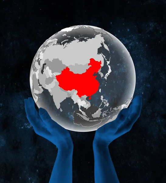 China on translucent globe in hands in space. 3D illustration.