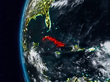 Küba görünür ülke sınırları ile gece. 3D çizim. Nasa tarafından döşenmiş bu görüntü unsurları.
