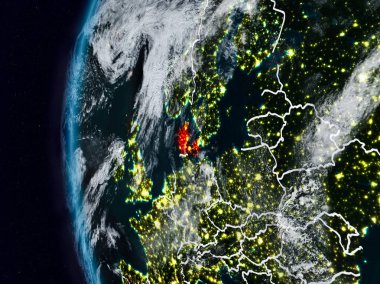 Danimarka görünür ülke sınırları ile gece. 3D çizim. Nasa tarafından döşenmiş bu görüntü unsurları.