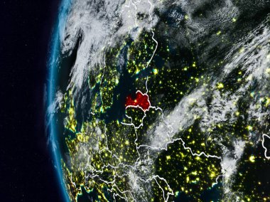 Letonya görünür ülke sınırları ile gece. 3D çizim. Nasa tarafından döşenmiş bu görüntü unsurları.