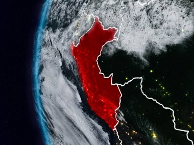 Peru görünür ülke sınırları ile gece. 3D çizim. Nasa tarafından döşenmiş bu görüntü unsurları.