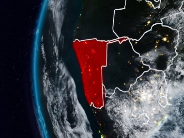 Namibya görünür ülke sınırları ile gece. 3D çizim. Nasa tarafından döşenmiş bu görüntü unsurları.
