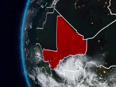 Mali görünür ülke sınırları ile gece. 3D çizim. Nasa tarafından döşenmiş bu görüntü unsurları.