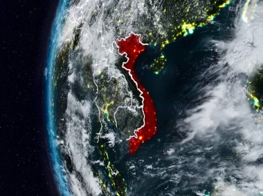 Vietnam görünür ülke sınırları ile gece. 3D çizim. Nasa tarafından döşenmiş bu görüntü unsurları.