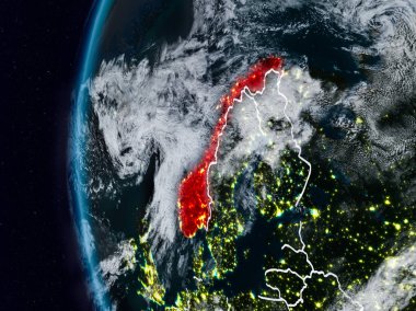 Norveç görünür ülke sınırları ile gece. 3D çizim. Nasa tarafından döşenmiş bu görüntü unsurları.