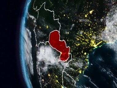 Paraguay görünür ülke sınırları ile gece. 3D çizim. Nasa tarafından döşenmiş bu görüntü unsurları.