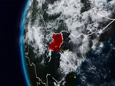 Uganda görünür ülke sınırları ile gece. 3D çizim. Nasa tarafından döşenmiş bu görüntü unsurları.