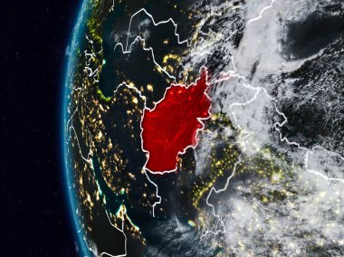 Afganistan görünür ülke sınırları ile gece. 3D çizim. Nasa tarafından döşenmiş bu görüntü unsurları.