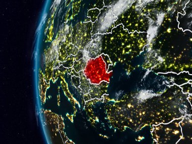 Romanya görünür ülke sınırları ile gece. 3D çizim. Nasa tarafından döşenmiş bu görüntü unsurları.
