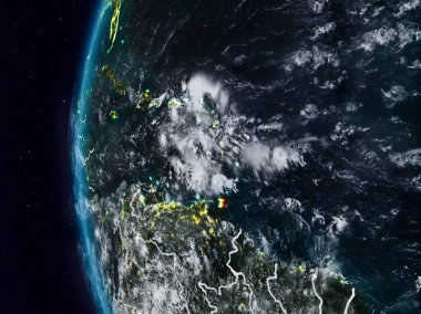 Karayipler görünür ülke sınırları ile gece. 3D çizim. Nasa tarafından döşenmiş bu görüntü unsurları.