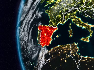 İspanya görünür ülke sınırları ile gece. 3D çizim. Nasa tarafından döşenmiş bu görüntü unsurları.