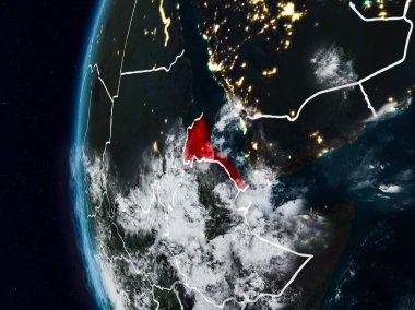 Eritre görünür ülke sınırları ile gece. 3D çizim. Nasa tarafından döşenmiş bu görüntü unsurları.