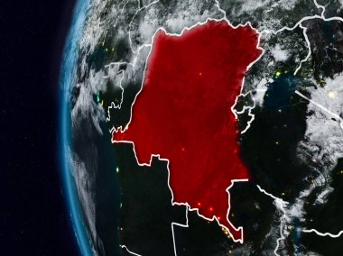 Demokratik Kongo Cumhuriyeti görünür ülke sınırları ile gece. 3D çizim. Nasa tarafından döşenmiş bu görüntü unsurları.