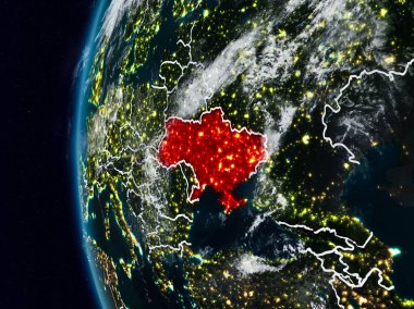 Ukrayna görünür ülke sınırları ile gece. 3D çizim. Nasa tarafından döşenmiş bu görüntü unsurları.