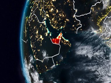 Birleşik Arap Emirlikleri görünür ülke sınırları ile gece. 3D çizim. Nasa tarafından döşenmiş bu görüntü unsurları.