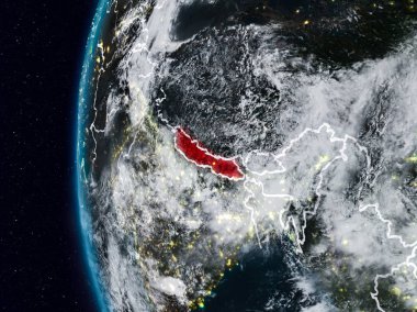Nepal görünür ülke sınırları ile gece. 3D çizim. Nasa tarafından döşenmiş bu görüntü unsurları.