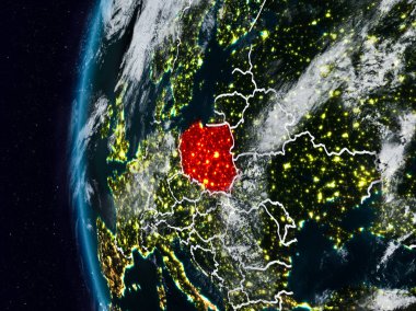 Polonya görünür ülke sınırları ile gece. 3D çizim. Nasa tarafından döşenmiş bu görüntü unsurları.