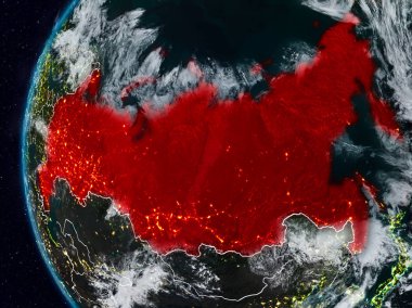Rusya görünür ülke sınırları ile gece. 3D çizim. Nasa tarafından döşenmiş bu görüntü unsurları.