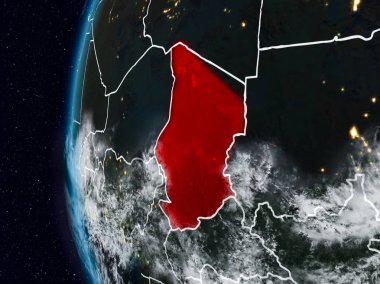 Chad görünür ülke sınırları ile gece. 3D çizim. Nasa tarafından döşenmiş bu görüntü unsurları.