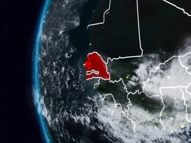 Senegal görünür ülke sınırları ile gece. 3D çizim. Nasa tarafından döşenmiş bu görüntü unsurları.
