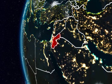 Jordan görünür ülke sınırları ile gece. 3D çizim. Nasa tarafından döşenmiş bu görüntü unsurları.