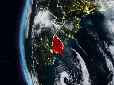 Uruguay görünür ülke sınırları ile gece. 3D çizim. Nasa tarafından döşenmiş bu görüntü unsurları.