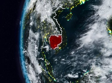 Kamboçya görünür ülke sınırları ile gece. 3D çizim. Nasa tarafından döşenmiş bu görüntü unsurları.