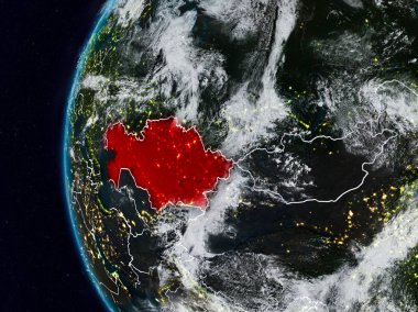 Kazakistan görünür ülke sınırları ile gece. 3D çizim. Nasa tarafından döşenmiş bu görüntü unsurları.