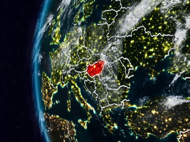 Macaristan görünür ülke sınırları ile gece. 3D çizim. Nasa tarafından döşenmiş bu görüntü unsurları.