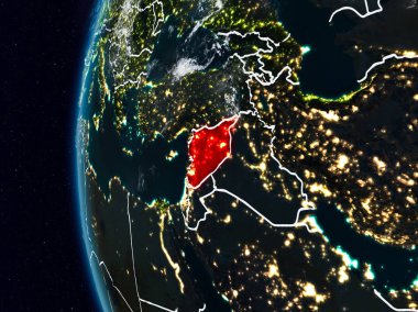 Suriye görünür ülke sınırları ile gece. 3D çizim. Nasa tarafından döşenmiş bu görüntü unsurları.