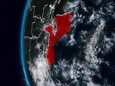Mozambik görünür ülke sınırları ile gece. 3D çizim. Nasa tarafından döşenmiş bu görüntü unsurları.