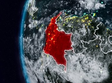 Kolombiya görünür ülke sınırları ile gece. 3D çizim. Nasa tarafından döşenmiş bu görüntü unsurları.