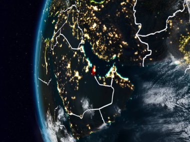 Katar görünür ülke sınırları ile gece. 3D çizim. Nasa tarafından döşenmiş bu görüntü unsurları.