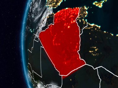 Cezayir görünür ülke sınırları ile gece. 3D çizim. Nasa tarafından döşenmiş bu görüntü unsurları.