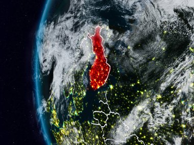 Finlandiya görünür ülke sınırları ile gece. 3D çizim. Nasa tarafından döşenmiş bu görüntü unsurları.