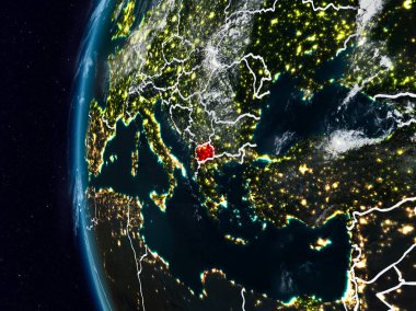 Makedonya görünür ülke sınırları ile gece. 3D çizim. Nasa tarafından döşenmiş bu görüntü unsurları.