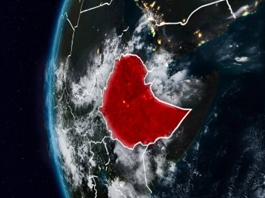 Etiyopya görünür ülke sınırları ile gece. 3D çizim. Nasa tarafından döşenmiş bu görüntü unsurları.