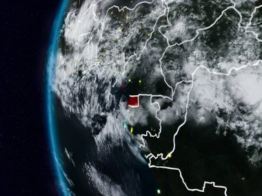 Ekvator Ginesi görünür ülke sınırları ile gece. 3D çizim. Nasa tarafından döşenmiş bu görüntü unsurları.