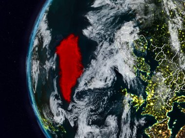 Grönland görünür ülke sınırları ile gece. 3D çizim. Nasa tarafından döşenmiş bu görüntü unsurları.