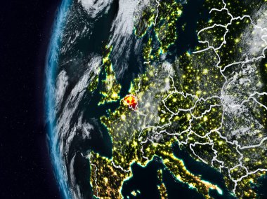 Belçika görünür ülke sınırları ile gece. 3D çizim. Nasa tarafından döşenmiş bu görüntü unsurları.