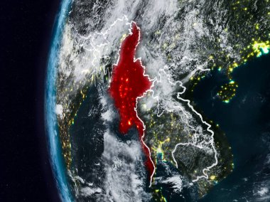 Myanmar görünür ülke sınırları ile gece. 3D çizim. Nasa tarafından döşenmiş bu görüntü unsurları.