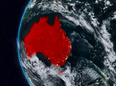 Avustralya görünür ülke sınırları ile gece. 3D çizim. Nasa tarafından döşenmiş bu görüntü unsurları.