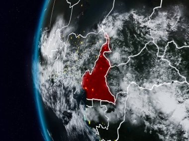 Kamerun görünür ülke sınırları ile gece. 3D çizim. Nasa tarafından döşenmiş bu görüntü unsurları.
