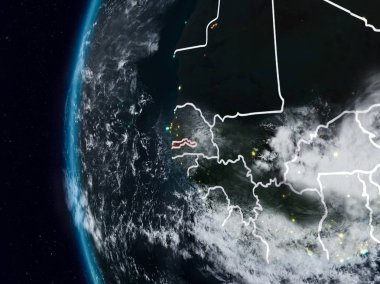 Gambiya görünür ülke sınırları ile gece. 3D çizim. Nasa tarafından döşenmiş bu görüntü unsurları.