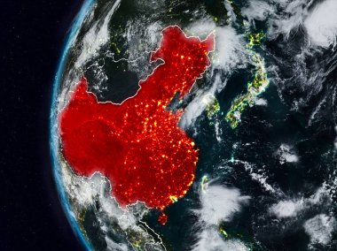 Çin görünür ülke sınırları ile gece. 3D çizim. Nasa tarafından döşenmiş bu görüntü unsurları.