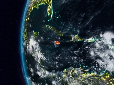 Jamaika görünür ülke sınırları ile gece. 3D çizim. Nasa tarafından döşenmiş bu görüntü unsurları.