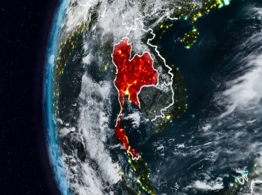 Tayland görünür ülke sınırları ile gece. 3D çizim. Nasa tarafından döşenmiş bu görüntü unsurları.