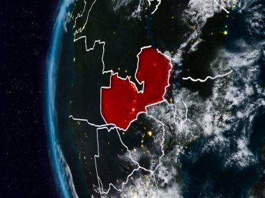 Zambiya görünür ülke sınırları ile gece. 3D çizim. Nasa tarafından döşenmiş bu görüntü unsurları.