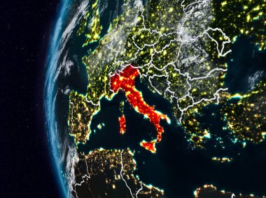 İtalya görünür ülke sınırları ile gece. 3D çizim. Nasa tarafından döşenmiş bu görüntü unsurları.