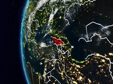 Georgia görünür ülke sınırları ile gece. 3D çizim. Nasa tarafından döşenmiş bu görüntü unsurları.